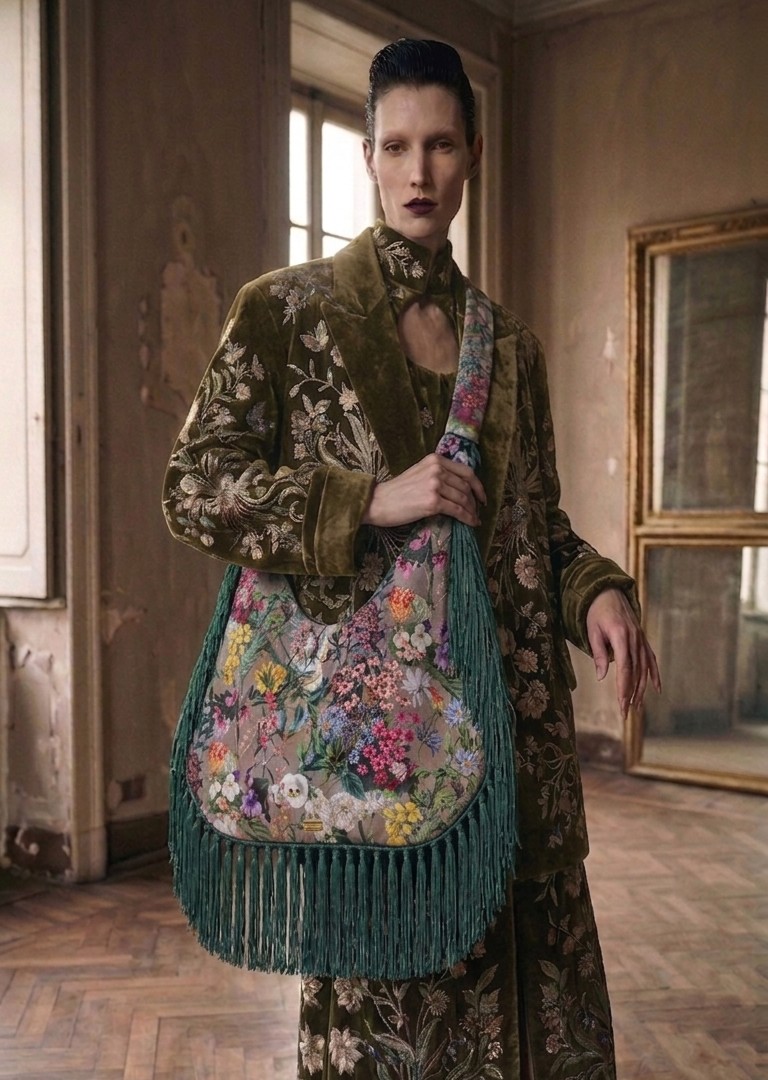 [FORGET ME NOT] Autumn Floral Velvet XL Crossover & fringe bag